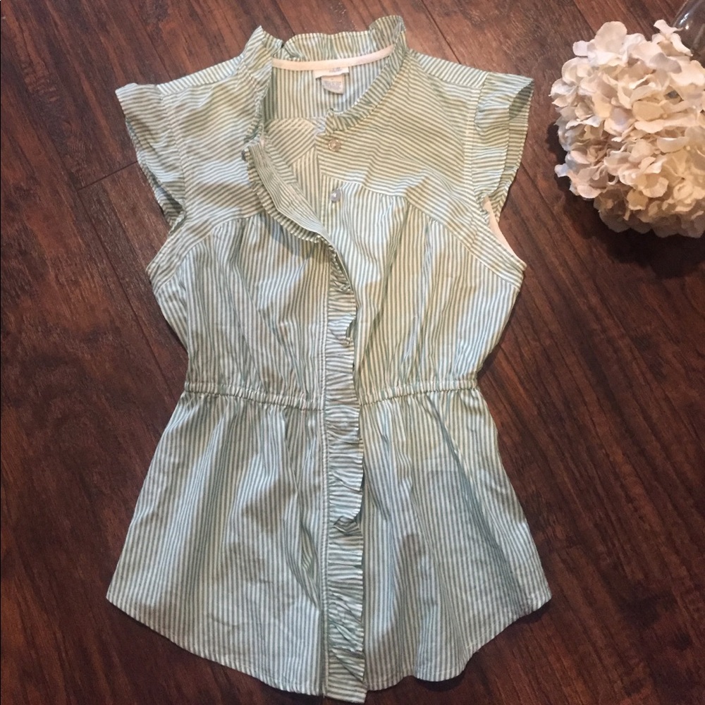 •Odille• Anthropologie Green and White Ruffled Top